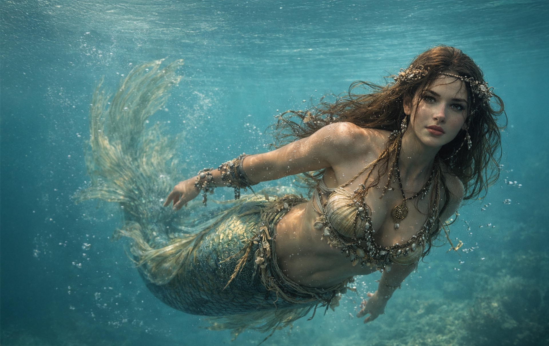 Mermaid swimming underwater at Pirate's Table